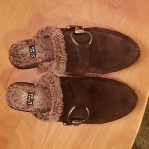 Stuart Weitzman faux fur lined suede mules